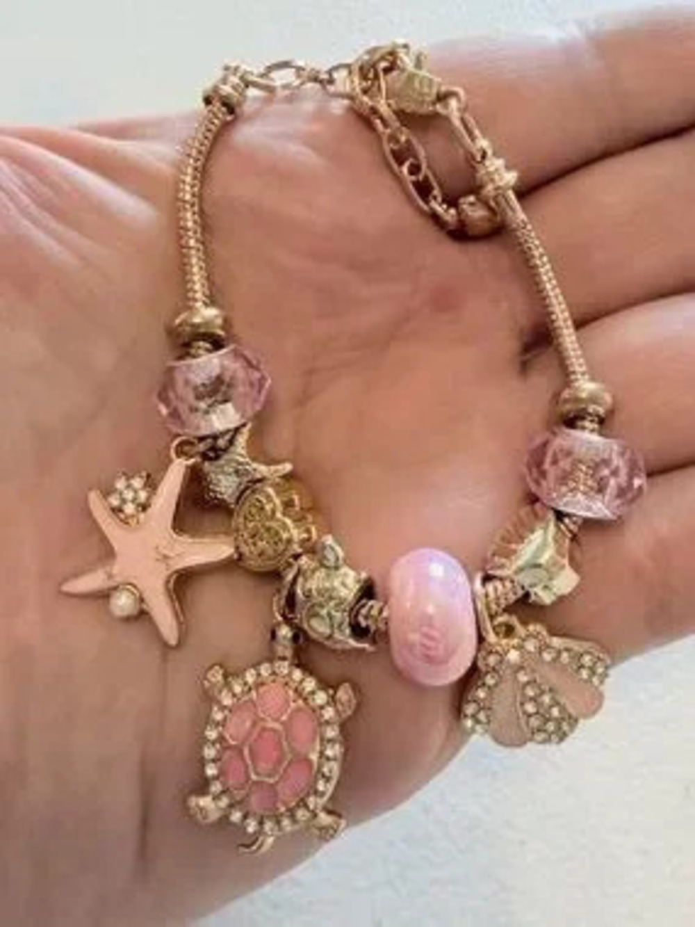Pink Seashell & Turtle Charm Bracelet